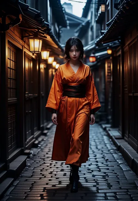 (medium full shot) of (angelic young woman:1.1) korean ninja, black hair, hime haircut, dark brown eyes, petite, wearing Fiery red and orange outfit with flame patterns, fingerless gloves, ninja mask, combat boots scared at the viewer, she's brushing her hair with her fingers, .set in Shadowy Alley in edo era, Narrow passage with uneven cobblestone flooring, flickering lanterns casting dim light, wooden barrels stacked against walls, stray cats darting between shadows, and the distant sound of echoing footsteps , at night. ,Masterpiece,best quality, photorealistic, amazing quality, very aesthetic, extremely detailed face,