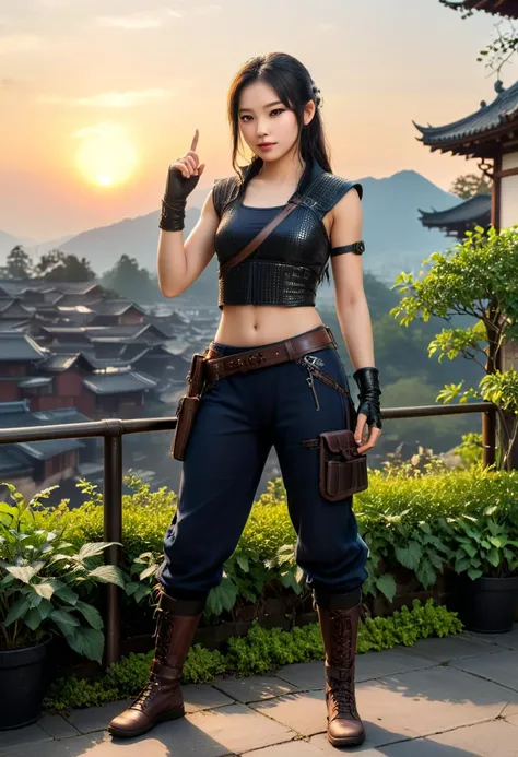 (medium full shot) of (angelic young woman:1.1) korean ninja, black hair, straight hair,  brown eyes, slender,             wearing Chainmail vest with hood, cargo pants with leg holsters, leather gauntlets, combat boots smiling at the viewer, making a finger gun gesture with her hand,  .set in  edo era on a Moonlit Rooftop, Cool breeze rustling through bamboo groves, paper lanterns casting gentle glows, bonsai trees delicately arranged, wooden benches offering serene vistas, distant sounds of a bustling Edo city , at sunset. ,Masterpiece,best quality, photorealistic, amazing quality, very aesthetic, extremely detailed face,