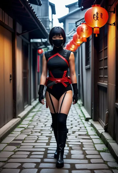 (medium full shot) of (supermodel young woman:1.1) chinese ninja, black hair, hime haircut,  brown eyes, slender,             wearing Ebony bodysuit with red trim, tactical vest, utility belt, ninja mask, combat boots smiling at the viewer, making a superhero landing pose,  .set in  Shadowy Alley in edo era, Narrow passage with uneven cobblestone flooring, flickering lanterns casting dim light, wooden barrels stacked against walls, stray cats darting between shadows, and the distant sound of echoing footsteps . ,Masterpiece,best quality, photorealistic, amazing quality, very aesthetic, extremely detailed face,