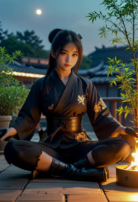 (medium full shot) of (sexy young woman:1.1) japanese ninja, black hair, straight hair,  brown eyes, petite,             wearing Stealthy black gi with a fitted top, high-waisted pants, ninja mask, fingerless gloves, black boots smiling at the viewer, making a heart sign with her hands,  .set in  edo era on a Moonlit Rooftop, Lush greenery spilling from ceramic pots, intricately patterned silk cushions for lounging, a traditional fire pit crackling softly, bamboo blinds swaying gently, the distant melody of a shamisen player , at night. ,Masterpiece,best quality, photorealistic, amazing quality, very aesthetic, extremely detailed face,