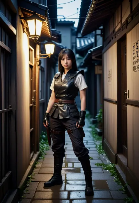 (medium full shot) of (angelic young woman:1.1) korean ninja, black hair, straight hair, dark brown eyes, petite,             wearing Armored vest with hidden compartments, cargo pants with shin guards, combat boots with steel shanks scared at the viewer, she's making a (have to pee) pose,  .set in  Shadowy Alley in edo era, Enclosed passage overshadowed by looming rooftops, strands of ivy creeping down the walls, puddles reflecting the moon's pale light, the distant clang of metal from a nearby blacksmith, and the faint aroma of cooking wafting from a hidden kitchen , at night. ,Masterpiece,best quality, photorealistic, amazing quality, very aesthetic, extremely detailed face,