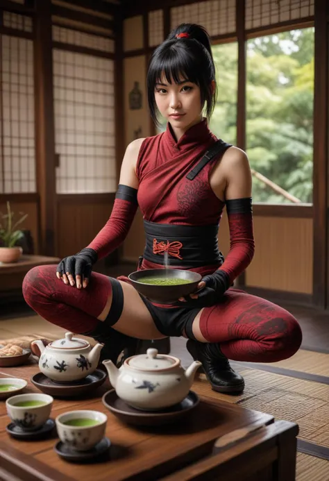 ((fashion photography)), perfect face, perfect eyes, (medium full shot) of (attractive ninja) japanese young woman, slim, black hair, hime haircut, dark brown eyes, wearing Crimson and black bodysuit with tribal markings, fingerless gloves, ninja mask, combat boots, set in ancient temple from the edo era, Tea Room, Intimate space with low tables and floor cushions, bamboo blinds filtering sunlight, a traditional kettle steaming on a charcoal brazier, delicate porcelain tea sets arranged neatly, and the aroma of freshly brewed matcha tea filling the air , smiling at the viewer, masterpiece, best quality, photorealistic, very aesthetic