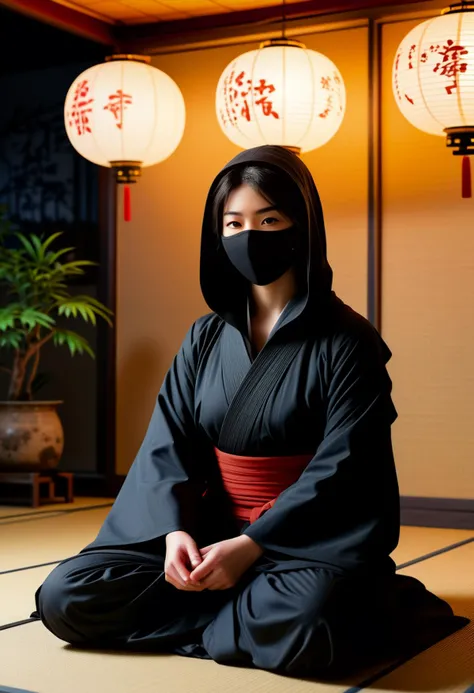 (medium full shot) of (esthetic young woman:1.1) japanese ninja, black hair, hime haircut,  brown eyes, curvy,             wearing Hooded robe with secret pockets, ninja mask with goggles, fingerless gloves with grip pads scared at the viewer,  she's running toward the viewer,  .set in  Meditation Chamber, Quiet room with paper lanterns casting a soft glow, floor cushions arranged in a circle, a trickling fountain in the center, incense filling the air, and sliding shoji screens leading to a peaceful garden  , at night. ,Masterpiece,best quality, photorealistic, amazing quality, very aesthetic, extremely detailed face,