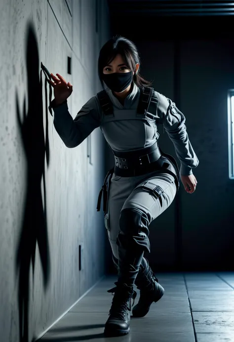 (medium full shot) of (vivacious young woman:1.1) chinese ninja, black hair, hime haircut, dark brown eyes, slender, wearing Urban gray bodysuit with built-in gadgets, tactical vest, ninja mask, combat boots scared at the viewer, she's running toward the viewer, .set in Stealth Training Room, Darkened space with obstacles courses, low-hanging ropes, balance beams, students practicing stealth techniques, shadows dancing on the walls, and occasional whispers of instruction from trainers . ,Masterpiece,best quality, photorealistic, amazing quality, very aesthetic, extremely detailed face,