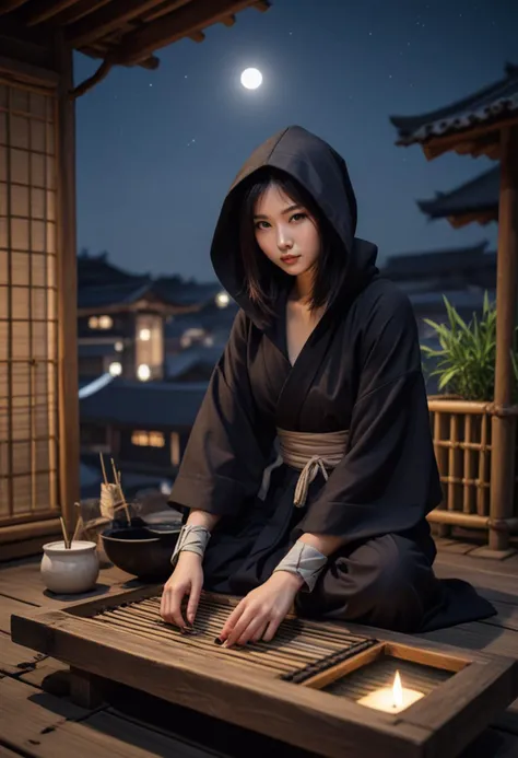 ((fashion photography)), perfect face, perfect eyes, (medium full shot) of  (attractive ninja) korean young woman, slim, black hair, straight hair, dark brown eyes, wearing Hooded robe, ninja mask, fingerless gloves, ninja tabi socks, set in  edo era on a Moonlit Rooftop, Rustic wooden water basin for purification rituals, delicate origami cranes fluttering in the breeze, a solitary calligraphy brush resting on an inkstone, fragrant herbs drying on bamboo racks, the soft hoot of an owl echoing in the distance , at night, smiling at the viewer, masterpiece, best quality, photorealistic, very aesthetic