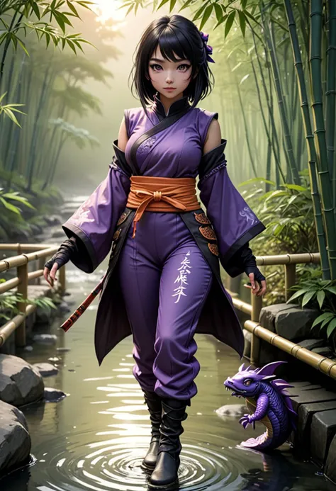 (medium full shot) of (shadowy ninja) chinese young woman, Average build, black hair, hime haircut,  brown eyes, wearing a ninja mask, shadow purple padded ninja tunic with a dragon motif, form-fitting pants, tabi boots, ninja sai, leg wraps fingerless gloves, set in  Bridge Crossing, Tranquil crossing over a babbling brook, bamboo railing adorned with delicate lanterns, vibrant koi swimming lazily in the clear waters below, the scent of fresh greenery carried on the breeze , at sunset, woman smiling, detailed face, ,Masterpiece,best quality, photo, realistic, very aesthetic,