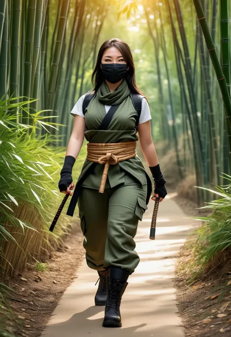 (medium full shot) of (cunning ninja) korean young woman, curvy build, black hair, straight hair,  brown eyes, wearing a scarf mask, dark green stealth ninja vest with a tiger motif, ninja trousers, tabi boots, nunchaku, utility belt leg wraps, set in  Bamboo Grove, Serene glade with towering bamboo stalks, dappled sunlight filtering through the dense foliage, a winding pathway leading deeper into the forest, the faint rustle of leaves in the gentle breeze , at sunset, woman smiling, ,Masterpiece,best quality, raw photo, realistic, very aesthetic