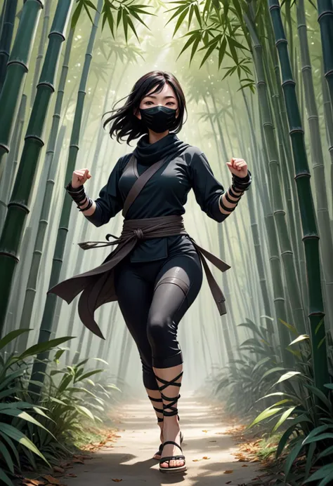 (medium full shot) of (quick ninja) chinese young woman, Average build, black hair, hime haircut, dark brown eyes, wearing a scarf mask, obsidian ninja gi with steel plates, stealth leggings, ninja slippers, throwing stars , arm guards leg wraps, set in  Bamboo Grove, Serene glade with towering bamboo stalks, dappled sunlight filtering through the dense foliage, a winding pathway leading deeper into the forest, the faint rustle of leaves in the gentle breeze , at night, woman smiling, detailed face, ,Masterpiece,best quality, photo, realistic, very aesthetic,