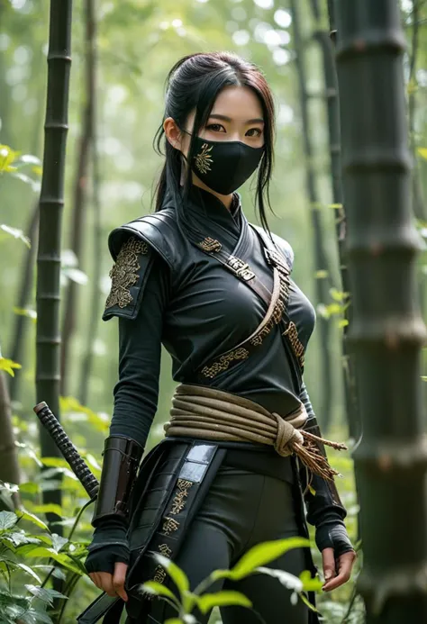 (medium full shot) of (masked ninja) chinese young woman, lithe build, black hair, straight hair, dark brown eyes, wearing a scarf mask, obsidian padded ninja tunic with steel plates, padded pants, tabi boots, katana, combat belt leg wraps, set in  Bamboo Thicket, Enigmatic labyrinth of slender green stems, shafts of sunlight piercing the thick canopy, a chorus of chirping insects filling the air, occasional glimpses of elusive wildlife darting through the undergrowth , woman smiling, ,Masterpiece,best quality, photo, realistic, very aesthetic