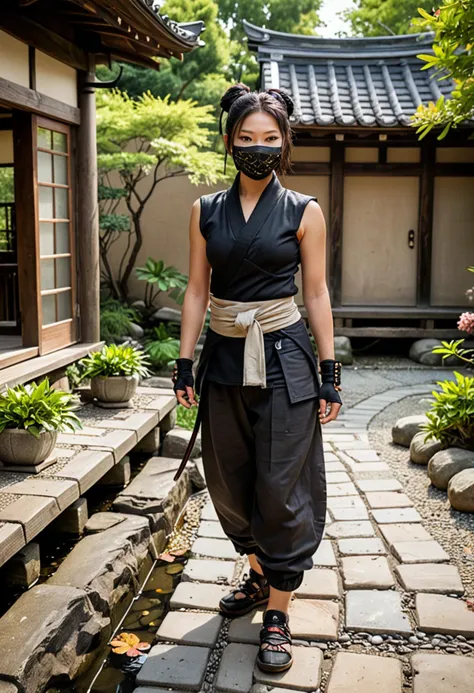 (medium full shot) of (masked ninja) japanese young woman, willowy build, black hair, hairbun, dark brown eyes, wearing a scarf mask, obsidian sleeveless ninja top with a dragon motif, shadow pants, stealth shoes, nunchaku, utility belt arm guards, set in  ancient temple from the edo era, Garden Courtyard, Tranquil outdoor area with meticulously manicured gravel paths, a serene koi pond with a wooden bridge, lush bonsai trees and vibrant flowering bushes, stone lanterns illuminating the pathways, the sound of water trickling from a bamboo fountain , at sunset, woman smiling, ,Masterpiece,best quality, photo, realistic, very aesthetic, detailed face,