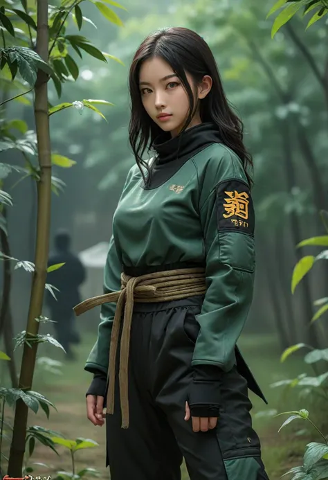 (medium full shot) of (enigmatic ninja) korean young woman, slim build, black hair, straight hair, dark brown eyes, wearing a stealth hood, dark green padded ninja tunic with a tiger motif, shadow pants, tabi boots, kunai, arm guards leg wraps, set in  Training Grounds, Open area with bamboo training dummies, weapons racks, students practicing martial arts, instructors overseeing drills, a serene garden in the corner  , at night, woman smiling, ,Masterpiece,best quality, photo, realistic, very aesthetic