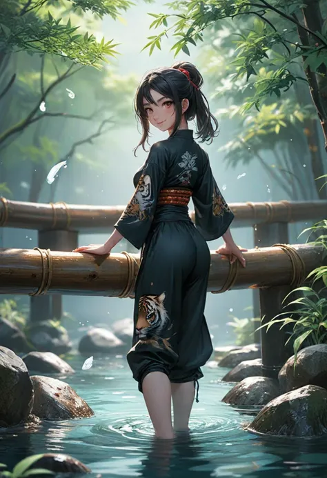 (medium full shot) of (cunning ninja) japanese young woman, Average build, black hair, straight hair,  brown eyes, wearing a ninja headband, obsidian ninja gi with a tiger motif, stealth leggings, padded shoes, katana, fingerless gloves arm guards, set in  Bridge Crossing, Tranquil crossing over a babbling brook, bamboo railing adorned with delicate lanterns, vibrant koi swimming lazily in the clear waters below, the scent of fresh greenery carried on the breeze , at night, woman smiling, ,Masterpiece,best quality, photo, realistic, very aesthetic