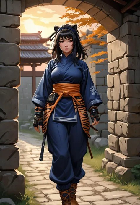 (medium full shot) of (stealthy ninja) korean young woman, voluptuous build, black hair, hime haircut,  brown eyes, wearing a ninja headband, midnight blue armored ninja tunic with a tiger motif, form-fitting pants, tabi boots, ninjato, fingerless gloves utility belt, set in  Village Gate, Entryway guarded by imposing stone walls, watchtowers looming overhead, torches flickering in sconces, guards patrolling the perimeter, the occasional rustle of leaves from the surrounding forest  , at sunset, woman smiling, ,Masterpiece,best quality, raw photo, realistic, very aesthetic