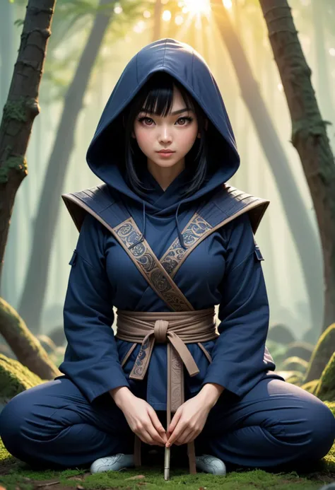 (medium full shot) of (enigmatic ninja) chinese young woman, busty build, black hair, straight hair,  brown eyes, wearing a stealth hood, midnight blue ninja gi with swirling patterns, form-fitting pants, padded shoes, bo staff, leg wraps stealth belt, set in  Meditation Glade, Sacred clearing with a simple stone altar at its center, shafts of sunlight illuminating the mossy ground, a chorus of birdsong echoing through the canopy, the distant sound of monks chanting in prayer , at sunset, woman smiling, detailed face, ,Masterpiece,best quality, photo, realistic, very aesthetic,