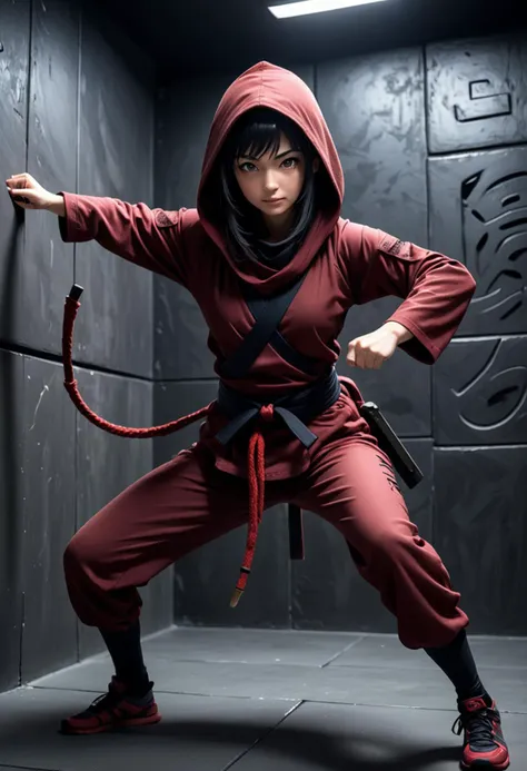 (medium full shot) of (cunning ninja) japanese young woman, Average build, black hair, straight hair,  brown eyes, wearing a stealth hood, dark red ninja gi with swirling patterns, stealth leggings, stealth shoes, kunai, arm guards utility belt, set in  Stealth Training Room, Darkened space with obstacles courses, low-hanging ropes, balance beams, students practicing stealth techniques, shadows dancing on the walls, occasional whispers of instruction from trainers  , at night, woman smiling, detailed face, ,Masterpiece,best quality, photo, realistic, very aesthetic,