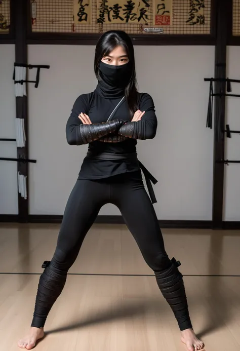 (medium full shot) of (enigmatic ninja) korean young woman, slender build, black hair, straight hair, dark brown eyes, wearing a scarf mask, black long-sleeved ninja top with black dragon motifs, stealth leggings, lightweight sandals, kunai, leg wraps arm guards, set in a training dojo, with practice dummies, weapon racks, and an air of discipline , at night, woman smiling, ,Masterpiece,best quality, raw photo, realistic, very aesthetic
