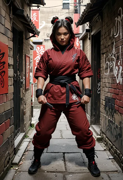 (medium full shot) of (shadowy ninja) japanese young woman, voluptuous build, black hair, hairbun, dark brown eyes, wearing a stealth hood, dark red ninja gi with a tiger motif, ninja trousers, padded shoes, katana, leg wraps arm guards, set in  a dark alley, with shadowy corners, old graffiti, and an echo of distant footsteps , woman smiling, ,Masterpiece,best quality, photo, realistic, very aesthetic, detailed face,