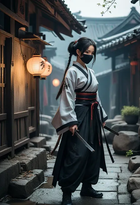 (medium full shot) of (enigmatic ninja) korean young woman, lithe build, black hair, hime haircut,  brown eyes, wearing a scarf mask, black armored ninja tunic with steel plates, shadow pants, tabi boots, katana, arm guards fingerless gloves, set in  Shadowy Alley in edo era, Enclosed passage overshadowed by looming rooftops, strands of ivy creeping down the walls, puddles reflecting the moon's pale light, the distant clang of metal from a nearby blacksmith, the faint aroma of cooking wafting from a hidden kitchen , at night, woman smiling, ,Masterpiece,best quality, photo, realistic, very aesthetic