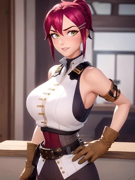 1girl, (green eyes, yellow eyes:0.65), hair ornament, hairclip, (looking at viewer:1.3), short hair, solo, yellow eyes, 3d, sylvia_pm, ponytail, (huge breasts:1.3), cowboy shot, cowboy shot, <lora:L_Sylvia _pm_v1:0.6>, solo, (frontal:1.3), centered, gloves, blush, flushed, (red hair:0.6), 3dcg, 3d, sexy hip, cleavage, upper body portrait, mature female body, exaggerate feminine features, confrontation, sexy hip, (age 40:1.5), mature smile, upper body, sassy, (view from front, facing viewer), close up, (mature body, voluptuous:1.3)