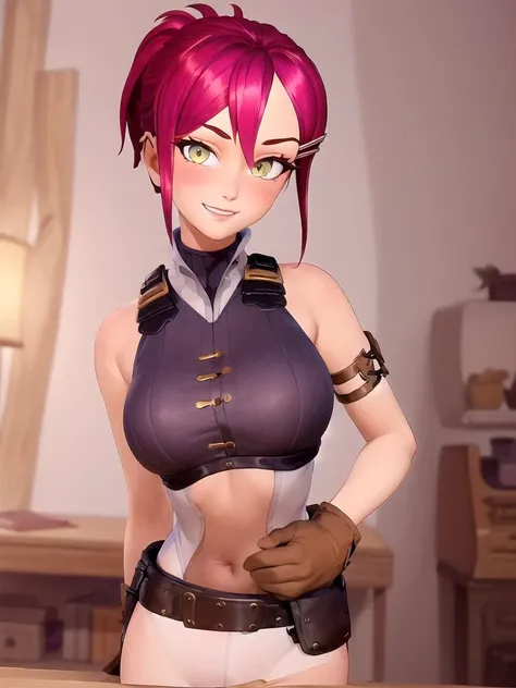 1 girl, elf ears with piercing and earrings, beautiful, 18 years old, big breasts, provocative look, open smile sharp teeth, rock pose, straight bangs, red hair, Ponytail, golden eyes, light skin, black top with arms to show raised, skull print on black top, belly showing, short jean shorts, longblack socks, black choker