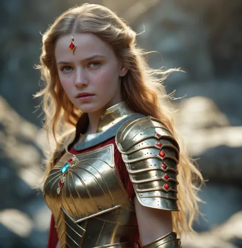 wizard, 1girl ,1980s, beauty face, armor gold, skirt red, ((realism)), extremely high quality RAW photograph, ultra detailed photograph, sharp focus, high resolution, (detailed skin:1,3),high quality, film grain, Fujifilm XT3,Highly Detailed, movie, (Cinematic Photo:1.3) of (Realistic:1.3),(Disgusting:1.3) Photorealism, (Magical Photo:1.3) of (Realistic:1.3), Crystal Core, Bejeweled, ethereal, hyper detailed fantasy character, Dreamlike, Ethereal Fantasy, Realistic, Fiction, Full-HD, HD, 8K, Soft Lighting, Beautiful Lighting,Highly Detailed,Highly Detailed,(Photorealism:1.3)