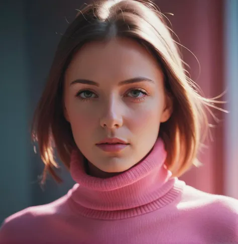 A stunning intricate full color portrait of (sks woman:1), wearing a pink turtleneck, epic character composition, by ilya kuvshinov, alessio albi, nina masic, sharp focus, natural lighting, subsurface scattering, f2, 35mm, film grain,