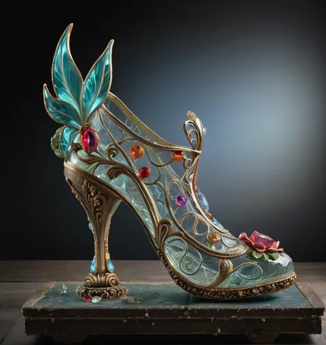 shoes transparent, gem, details, detailed scene, magical items, highly detailed scene, masterpiece, 3D, sculptural, textured, handmade, vibrant, fun, distressed, vintage, edgy, textured vibe, dirty, noisy, ornate Art Nouveau