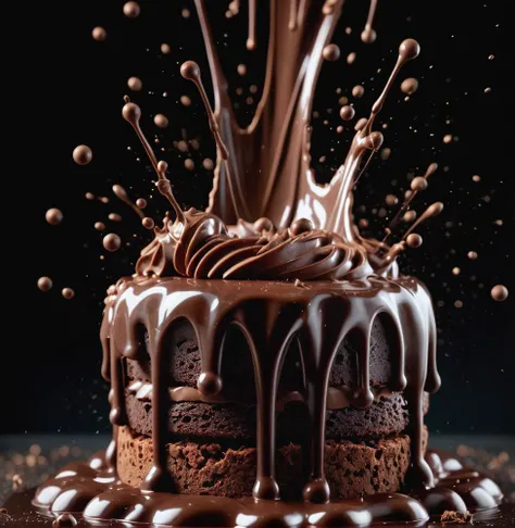 cake, chocolate, liquid splashes, merging, melting, splashing, droplets, mixing, fading away, exploding, swirling, intricate detail, model shoot style, dreamlike art, dramatic lighting. 8k, highly detailed, trending artstation
