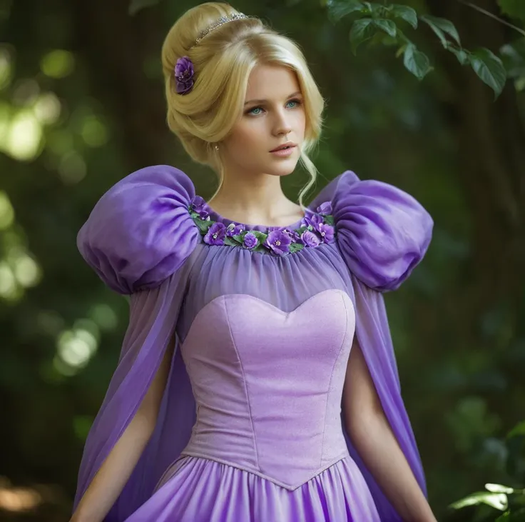 fantasy princess, hair blonde , photo, 8k, hair green, dress violet