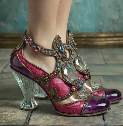 shoes transparent, gem, details, detailed scene, magical items, highly detailed scene, masterpiece, 3D, sculptural, textured, handmade, vibrant, fun, distressed, vintage, edgy, textured vibe, dirty, noisy, ornate Art Nouveau