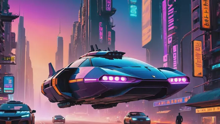a futuristic flying car up in the air, in a futuristic cyberpunk sci-fi city, heavy air traffic, twilight, lots of skyscrapers with neon signs, roads, street lamps, traffic lights, deep blue-purple and orange light haze, photo realistic, 4k, 8k, <lora:sdxl_cyberpunk:0.8> cyberpunk style, cyberpunk, <lora:No.Wheels.XL:0.8> nowheels, masterpiece, highly detailed, photo realistic, 4k, nikon 5d