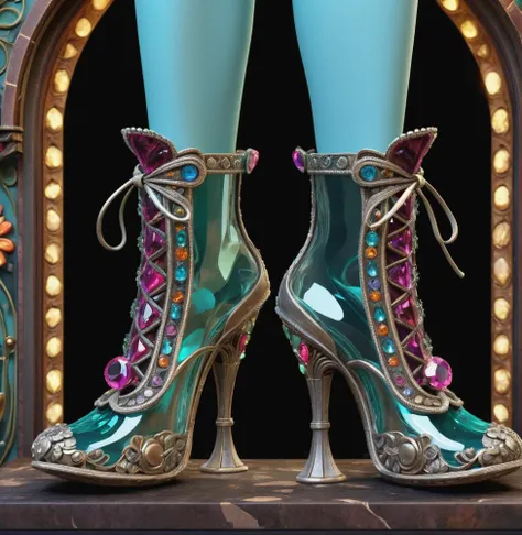 shoes transparent, gem, details, detailed scene, magical items, highly detailed scene, masterpiece, 3D, sculptural, textured, handmade, vibrant, fun, distressed, vintage, edgy, textured vibe, dirty, noisy, ornate Art Nouveau