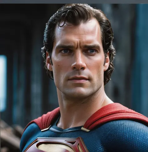 Henry cavill superhero, cape long red, upper body,cinematic, , grain movie3s), building destroyed , realistic , (8k, RAW photo, best quality, masterpiece:1.2), (realistic, photo-realistic:1.33), best quality, detailed eyes blue, cute,natural lighting, depth of field, film grain, wrinkled skin, sharp,