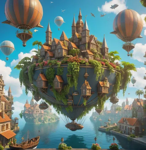 Many islands are suspended in the air with many small airships flying around, cities, fantasy, magical plants growing, extreme details, realistic light, epic composition, (complex details), (complex design, ultra-details :1.2), Art Station, (Masterpiece, Best Quality), Ultra HD, 32k