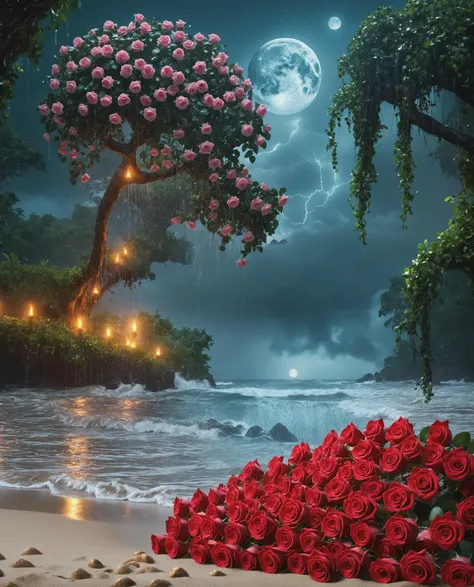 A jungle, with intense rainfall, monochromatic, vines all around, giant and wet trees, masterpiece, best quality, high quality, extremely detailed CG unity 8k wallpaper, oil paiting, award winning photography, Bokeh, Depth of Field, HDR, bloom, flowers roses , many diamond crystal, on the beach, fantasy, sky night , moon, smoke , photo, HD, 8K , realistic, HD, intricate, 8k, highly detailed,fun, sharp focus,