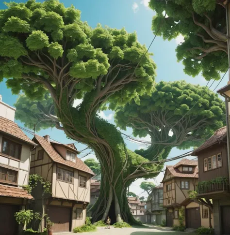 Immense tree city, houses in branches, residents swinging on vines, reminiscent of nature-centric anime.