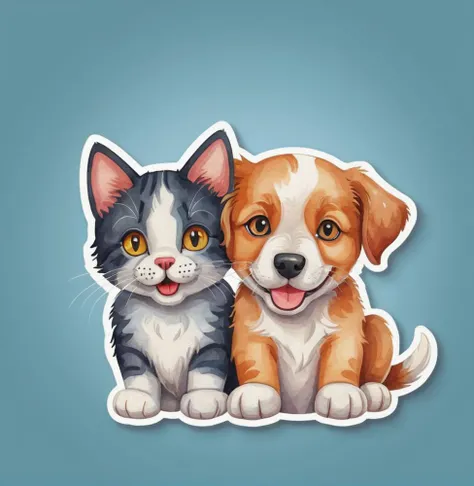 cute dog and cat happy, color, Watercolor, with white border, trending on artstation, sharp focus, studio photo, HD, intricate details, highly detailed, Realistic sticker design, colors, tiny hyper realistic digital art, hand drawn, illustration, 3D vector art, lovely eyes, studio lighting, cartoon, sticker, 2d cute, fantasy, dreamy, vector illustration, 2d flat, centered, professional, vector art, digital art, professional art