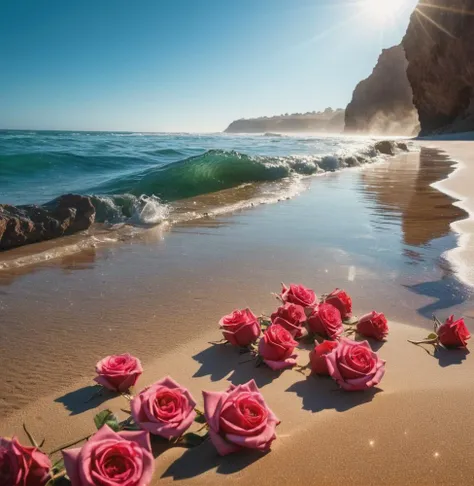 gorgeous beach, fantasy inside, roses, steam, sunrays, masterpiece, best quality, ultra high res, RAW, beautiful beach view, Mirleft, splashing rainbows, waves crashing, sand, foam, opalescent, (Photoluminescence water), bioluminescence, opal gems, agates, ((floating flowers)), clear, Cinematic RAW photo, hyper real photo, ultrarealistic, 8k uhd, dslr, soft lighting, high quality, film grain, Fujifilm XT3, photographed on a Kodak Retina II Sanyo Xacti VPC-CA6, 50mm lens, Wide Angle, HDR, hyper-realistic, colorgraded, volumetric lighting, [volumetric fog, moist], shallow depth of field, reflections, photo, (sparkling), glistening, (iridescent), glimmering, clear, shimmering, mystical, enchanting, glittering, Morocco, exotic, (masterpiece) (best quality) (detailed) (8k) (HDR) (wallpaper) (cinematic lighting) (sharp focus) (intricate), romantic,