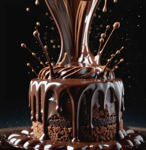 cake, chocolate, liquid splashes, merging, melting, splashing, droplets, mixing, fading away, exploding, swirling, intricate detail, model shoot style, dreamlike art, dramatic lighting. 8k, highly detailed, trending artstation