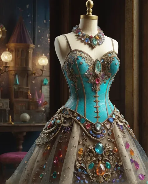 dress transparent, gem, details, detailed scene, magical items, highly detailed scene, masterpiece, 3D, sculptural, textured, handmade, vibrant, fun, Textured, distressed, vintage, edgy, dirty, noisy