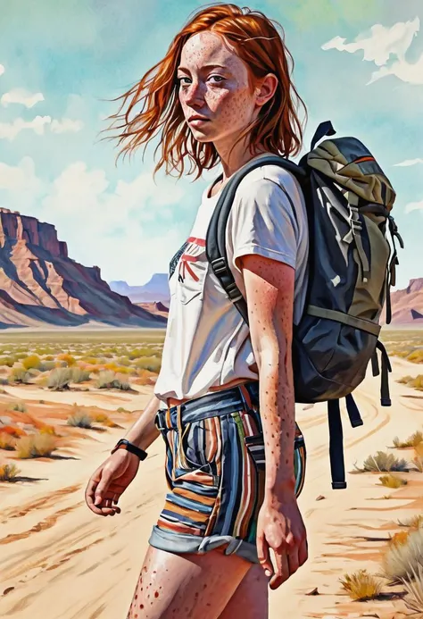 a photo,illustration,hands in pocket,close up,a woman, freckles,(striped shorts:1.3), backpack,wasteland, walking past, on a planet,traveler,(shot from the side:2.0),looking at camera,( eye contact:1.3), vivid colors, intricate details, realistic style, oil paintings, acrylic paintings, watercolor paintings, digital illustrations, mixed media pieces, sculptures casting shadows,( cosmic sky:1.2), scifi landscape