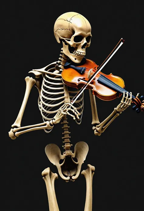 (skeleton playing a violin:1.5),( skeleton:1.3), (( Dark colors, intricate details, realistic style, tar paintings, dark paintings, digital illustrations, mixed media pieces, deep shadows ))