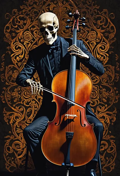 (skeleton playing a cello:1.5),( skeleton:1.3), (( Dark colors, intricate details, realistic style, tar paintings, dark paintings, digital illustrations, mixed media pieces, deep shadows ))