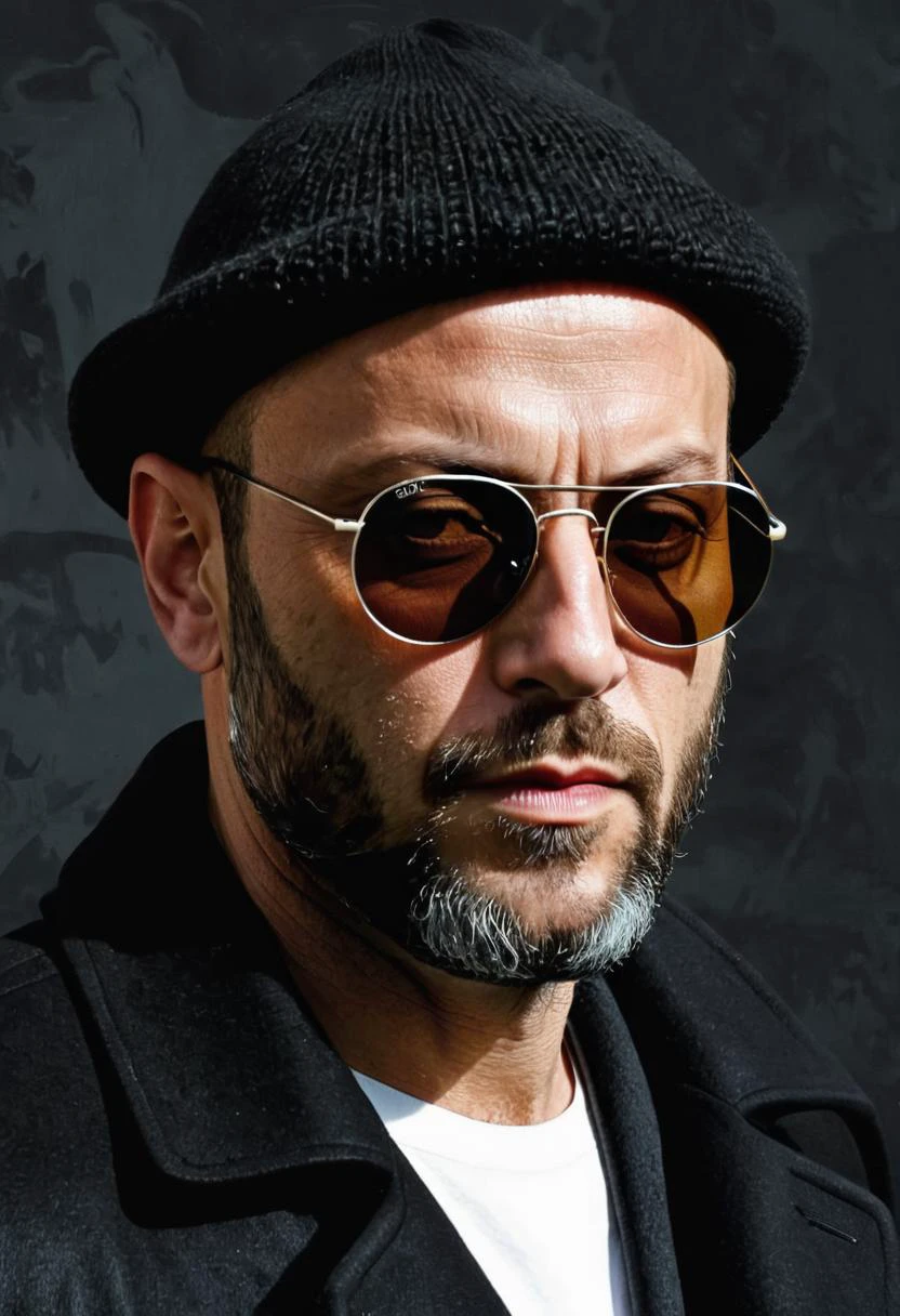 Jean Reno,(Léon:2.1),( movie:1.1), hitman, dark glasses, round sunglasses, beanie, portrait, short beard, black wool over coat, white under shirt, (( Dark colors, intricate details, realistic style, tar paintings, dark paintings, digital illustrations, mixed media pieces, deep shadows ))