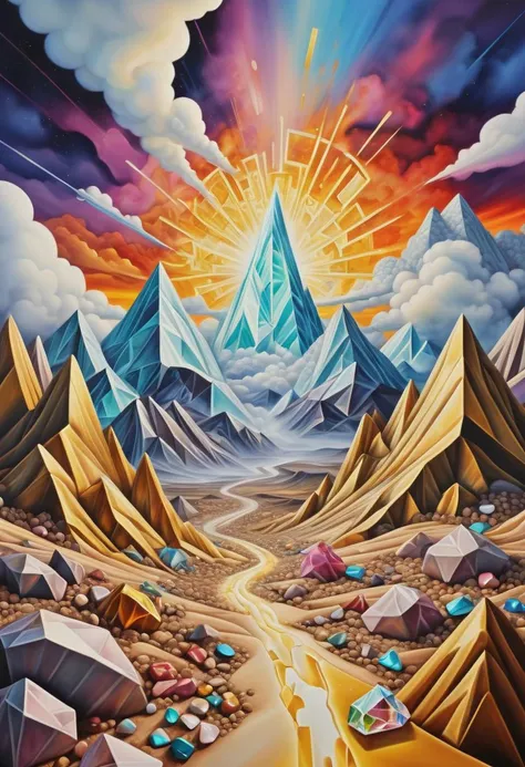 a photo,vivid colors, gemstones, glitter,( sparkling ground:1.3), intricate details, realistic style, oil paintings, acrylic paintings, watercolor paintings, digital illustrations, mixed media pieces, sculptures casting shadows,( cosmic sky:1.2), scifi landscape, comets , large clouds contrasting mountains,( Vaporware Art Style:1.6), geometric patterns, golden ratio, extremely detailed, details, complicated art