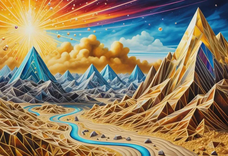 a photo,vivid colors, gemstones, glitter,( sparkling ground:1.3), intricate details, realistic style, oil paintings, acrylic paintings, watercolor paintings, digital illustrations, mixed media pieces, sculptures casting shadows,( cosmic sky:1.2), scifi landscape, comets , large clouds contrasting mountains,( Vaporware Art Style:1.6), geometric patterns, golden ratio, extremely detailed, details, complicated art