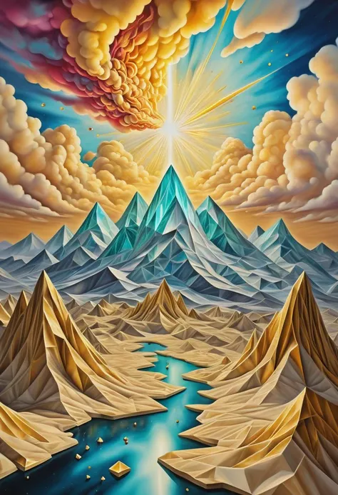 a photo,vivid colors, gemstones, glitter,( sparkling ground:1.3), intricate details, realistic style, oil paintings, acrylic paintings, watercolor paintings, digital illustrations, mixed media pieces, sculptures casting shadows,( cosmic sky:1.2), scifi landscape, comets , large clouds contrasting mountains,( Vaporware Art Style:1.6), geometric patterns, golden ratio, extremely detailed, details, complicated art