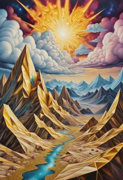 a photo,vivid colors, gemstones, glitter,( sparkling ground:1.3), intricate details, realistic style, oil paintings, acrylic paintings, watercolor paintings, digital illustrations, mixed media pieces, sculptures casting shadows,( cosmic sky:1.2), scifi landscape, comets , large clouds contrasting mountains,( Vaporware Art Style:1.6), geometric patterns, golden ratio, extremely detailed, details, complicated art