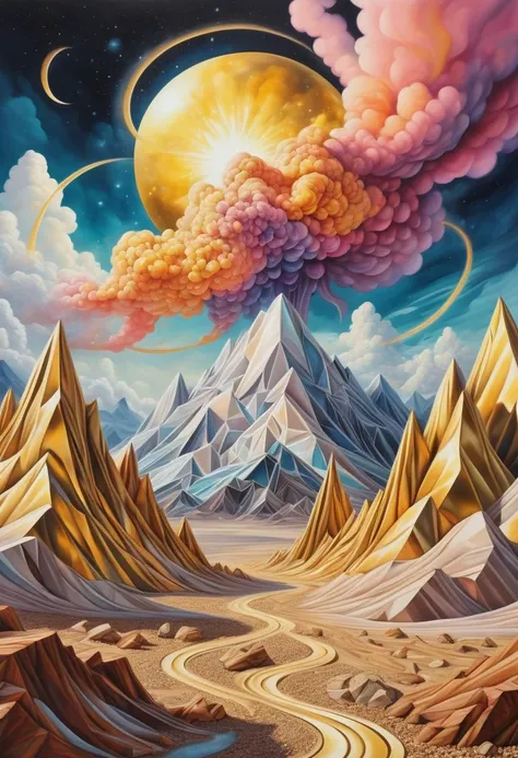 a photo,vivid colors, gemstones, glitter,( sparkling ground:1.3), intricate details, realistic style, oil paintings, acrylic paintings, watercolor paintings, digital illustrations, mixed media pieces, sculptures casting shadows,( cosmic sky:1.2), scifi landscape, comets , large clouds contrasting mountains,( Vaporware Art Style:1.6), geometric patterns, golden ratio, extremely detailed, details, complicated art