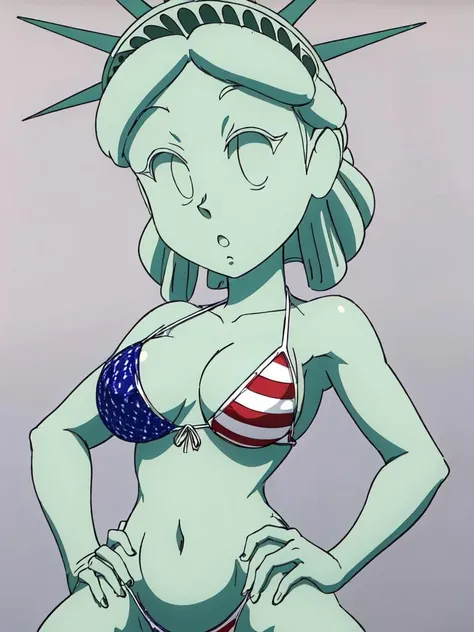1girl, freedom, solo, green skin, bikini, american flag print, <lora:freedom-06:0.9>, :o, simple background, upper body, wide hips, hands on hips